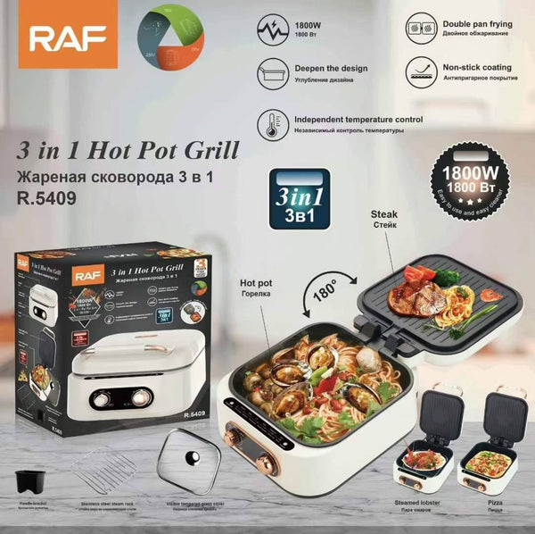 شواية RAF Hot Pot 3×1، بيضاء، 1800 واط، موديل R.5409